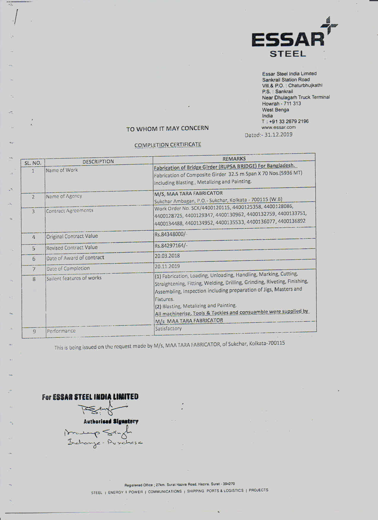 Essar Steel Completion Certificate